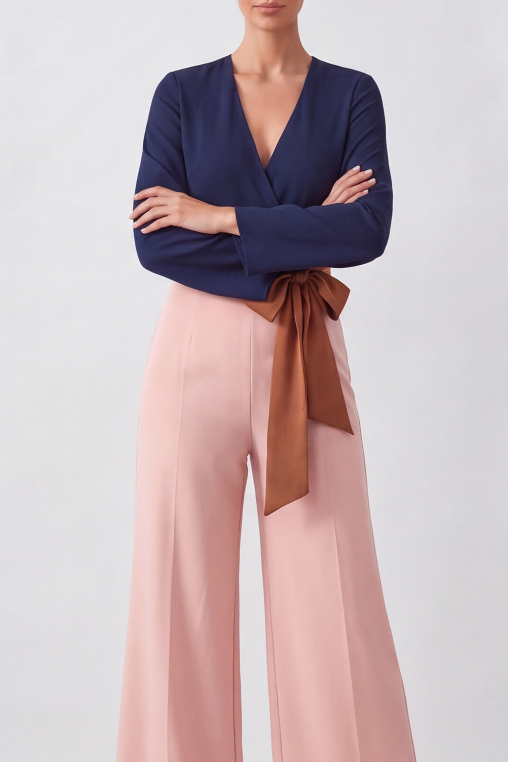Brown V-Neck Color Block Long Sleeves Wedding Guest Jumpsuits with Belt