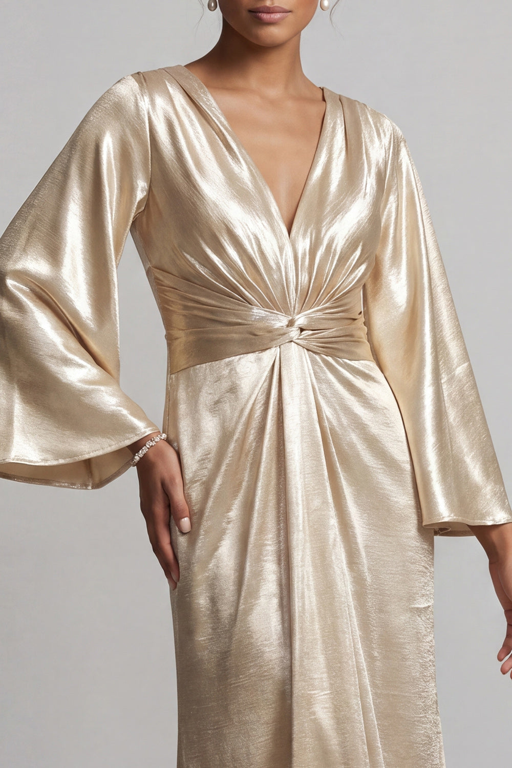 Champagne Sheath V Neck Ruched Long Sleeveless Evening Dress