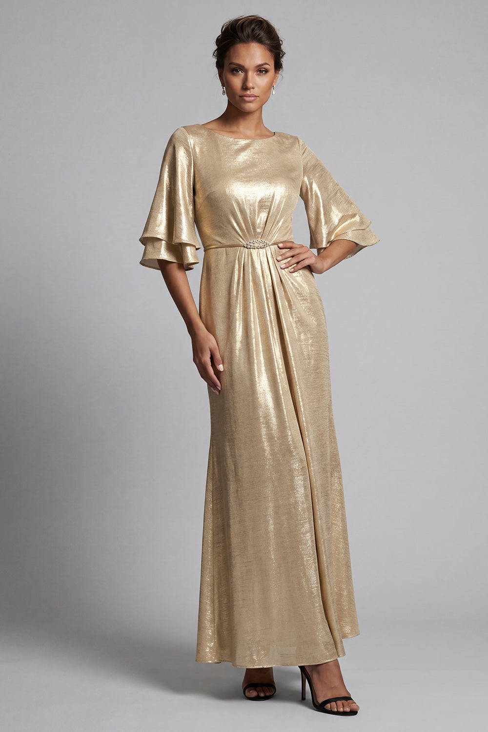 Champagne Metallic Ruched Long Sheath Evening Dress with Sleeves