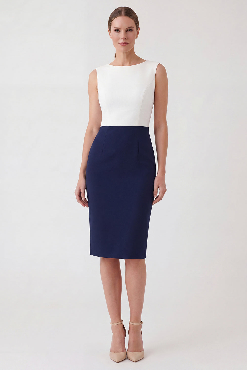 White and Navy Boat Neck Pencil Patchwork Color Block Midi Work Dress