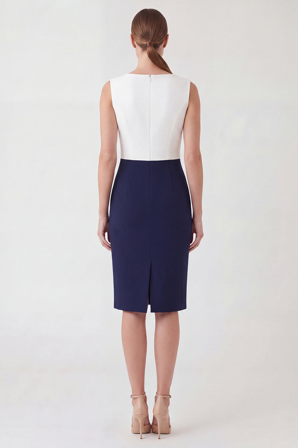 White and Navy Boat Neck Pencil Patchwork Color Block Midi Work Dress
