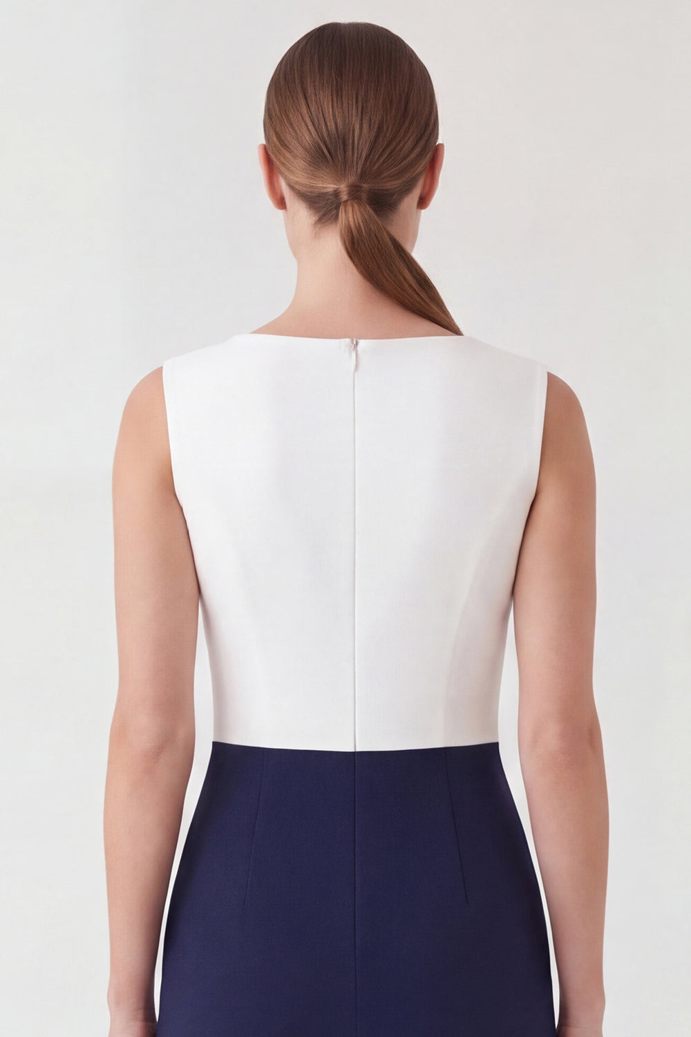 White and Navy Boat Neck Pencil Patchwork Color Block Midi Work Dress