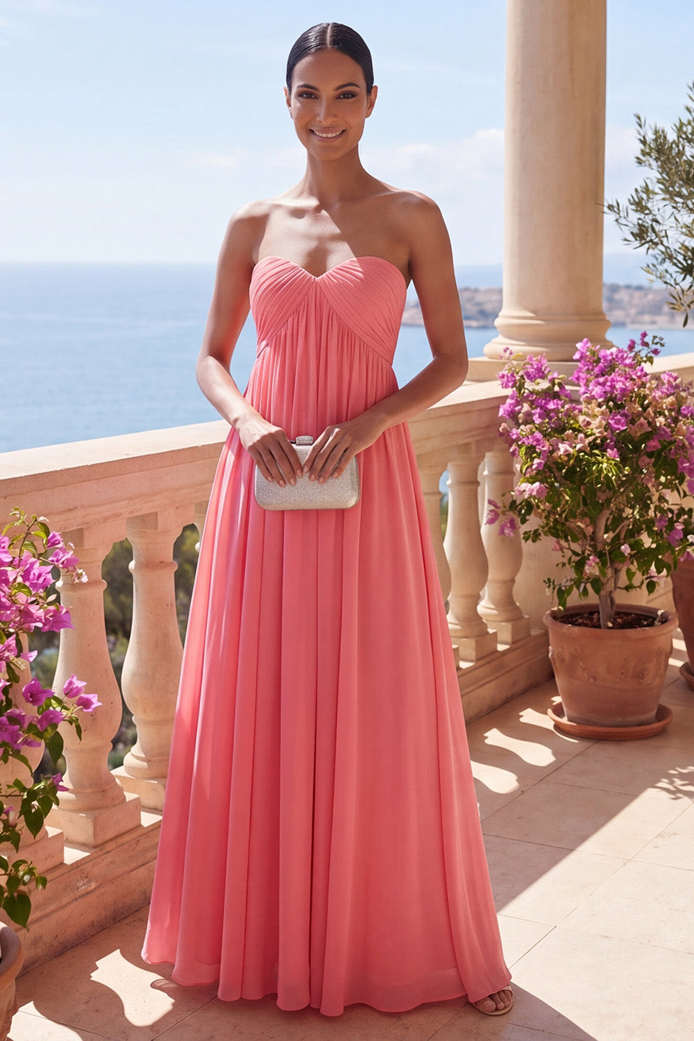 Pink Sweetheart Pleated A Line Ruched Maxi Beach Wedding Guest Dress