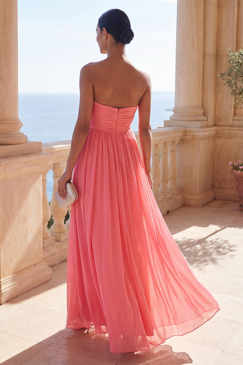 Pink Sweetheart Pleated A Line Ruched Maxi Beach Wedding Guest Dress