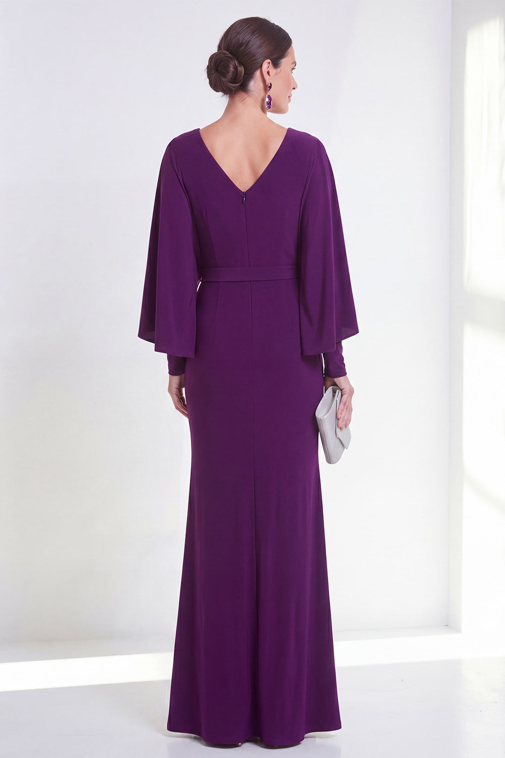 Purple Mermaid V-Neck Ruched Beaded Maxi Wedding Guest Dress with Sleeves