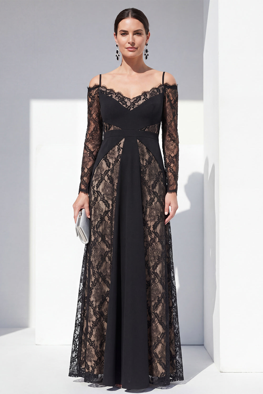 Black Cold Shoulder Lace A Line Maxi Evening Dress with Sleeves