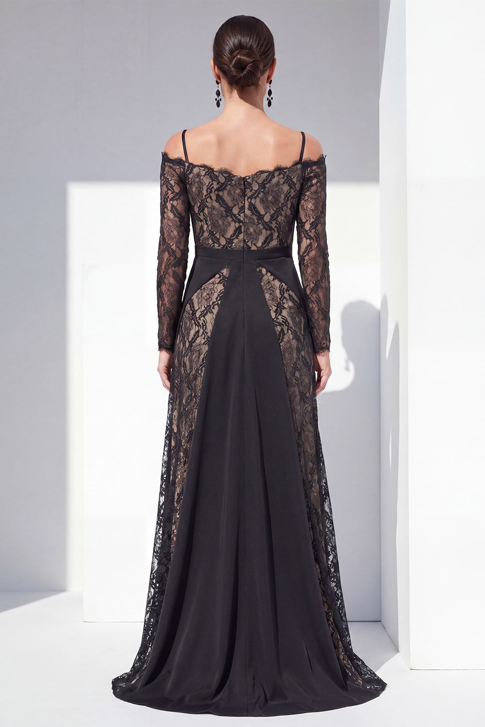Black Cold Shoulder Lace A Line Maxi Evening Dress with Sleeves