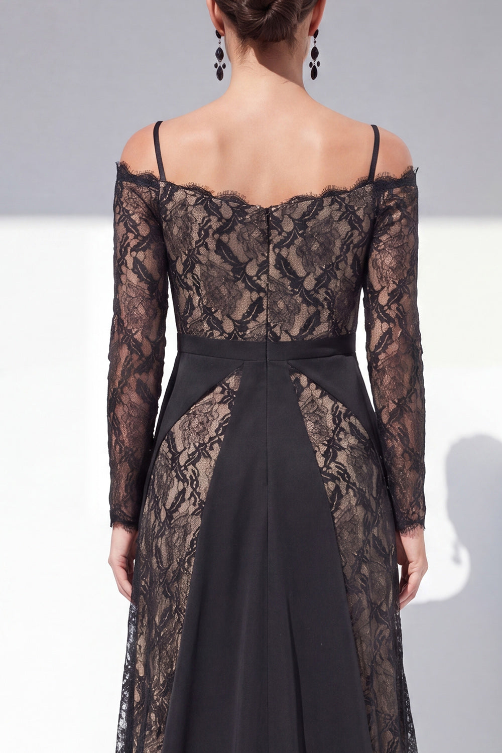 Black Cold Shoulder Lace A Line Maxi Evening Dress with Sleeves