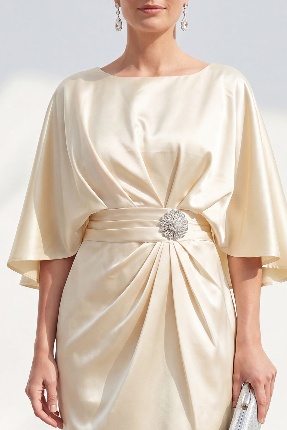 Champagne Bodycon Boat Neck Midi Ruched Wedding Guest Dress