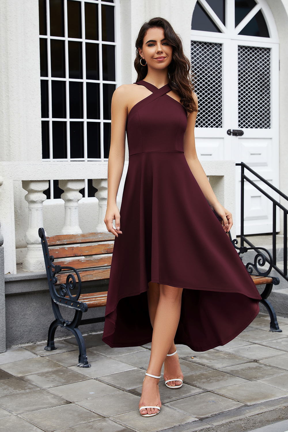 2024 Burgundy Halter High-low Cocktail & Party Dress