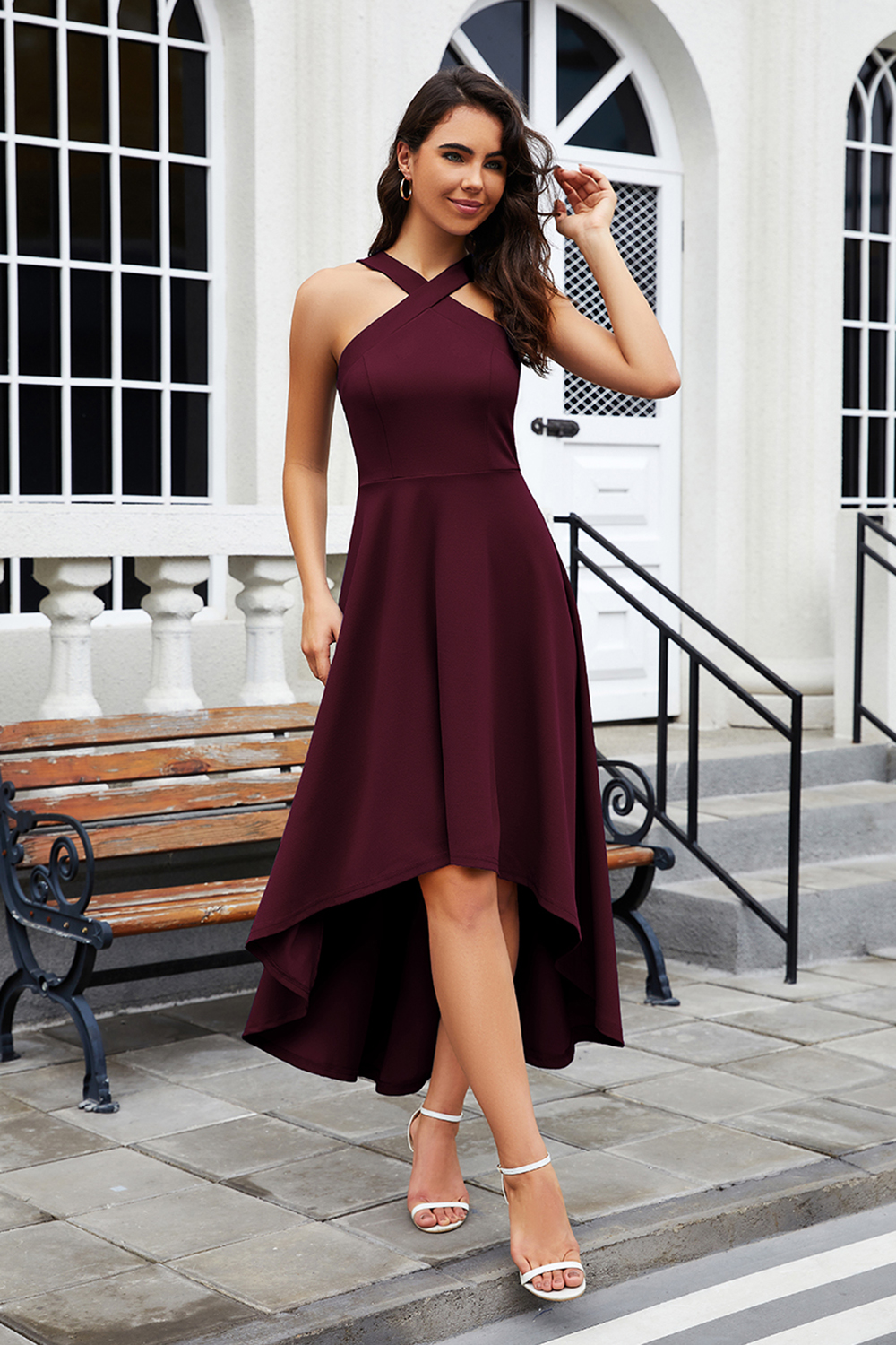 2024 Burgundy Halter High-low Cocktail & Party Dress