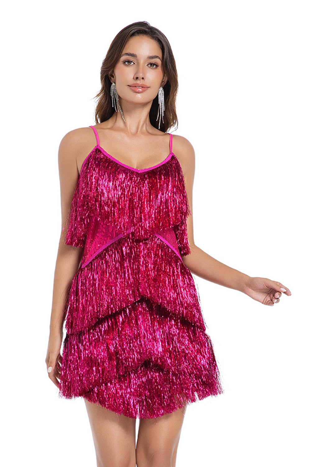 Sparkly Fuchsia Bodycon Tiered Short Homecoming Dress with Fringes