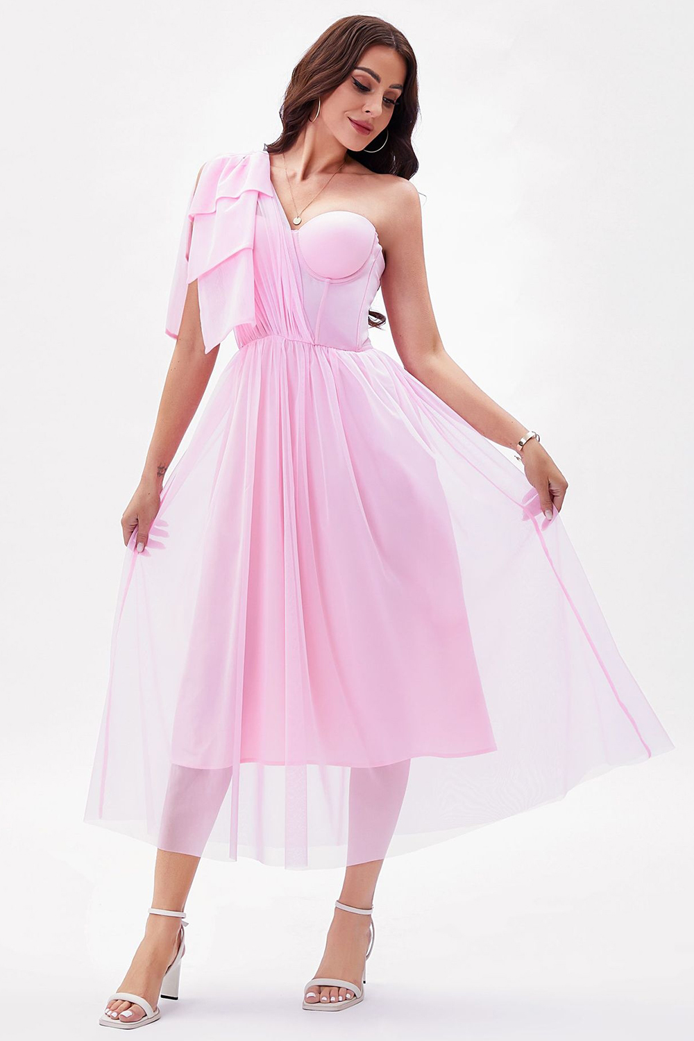 Elegant Pink A-Line One Shoulder Corset Party Dress