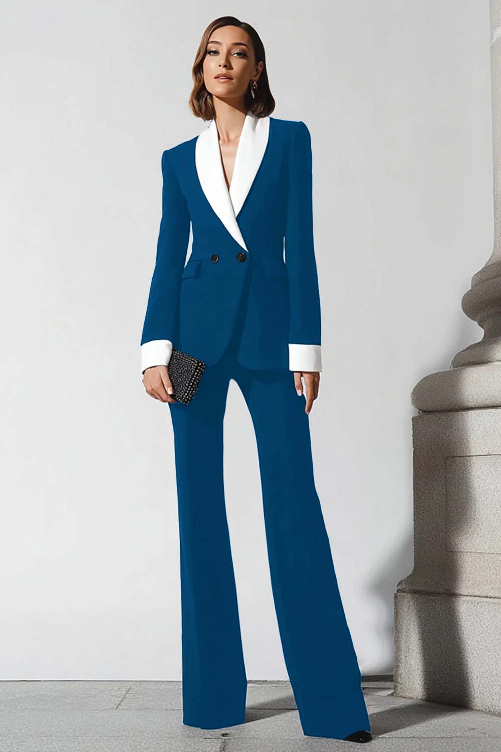 Black 2 Piece Shawl Lapel Flare Leg Business Suits with Sleeves