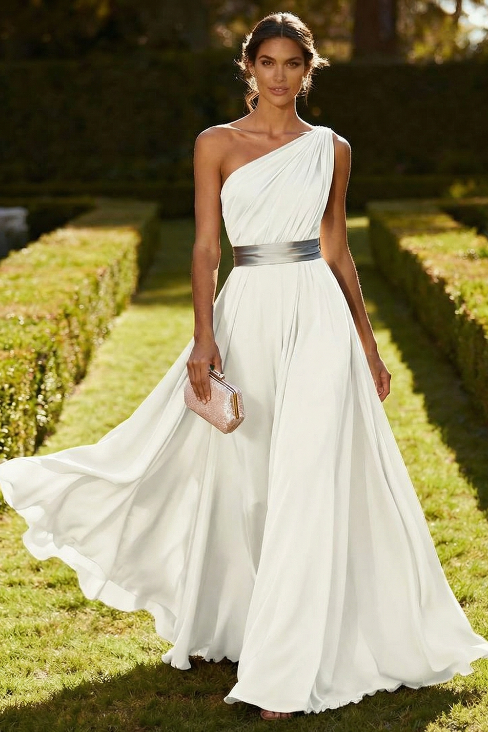 Olive Chiffon One Shoulder Long Ruched Wedding Guest Dress