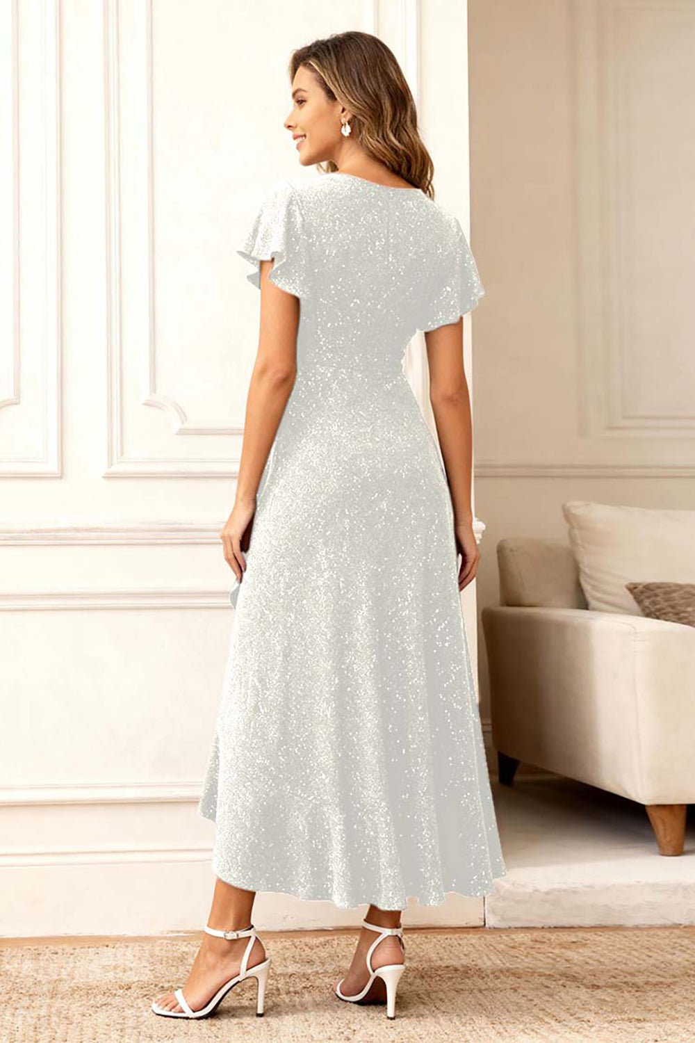 Glitter Dark Navy Round Neck Long Holiday Party Dress with Sleeves