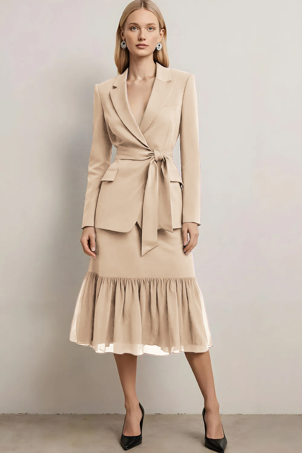 2 Piece Dark Purple Notched Lapel Midi Skirt Business Suits with Sash