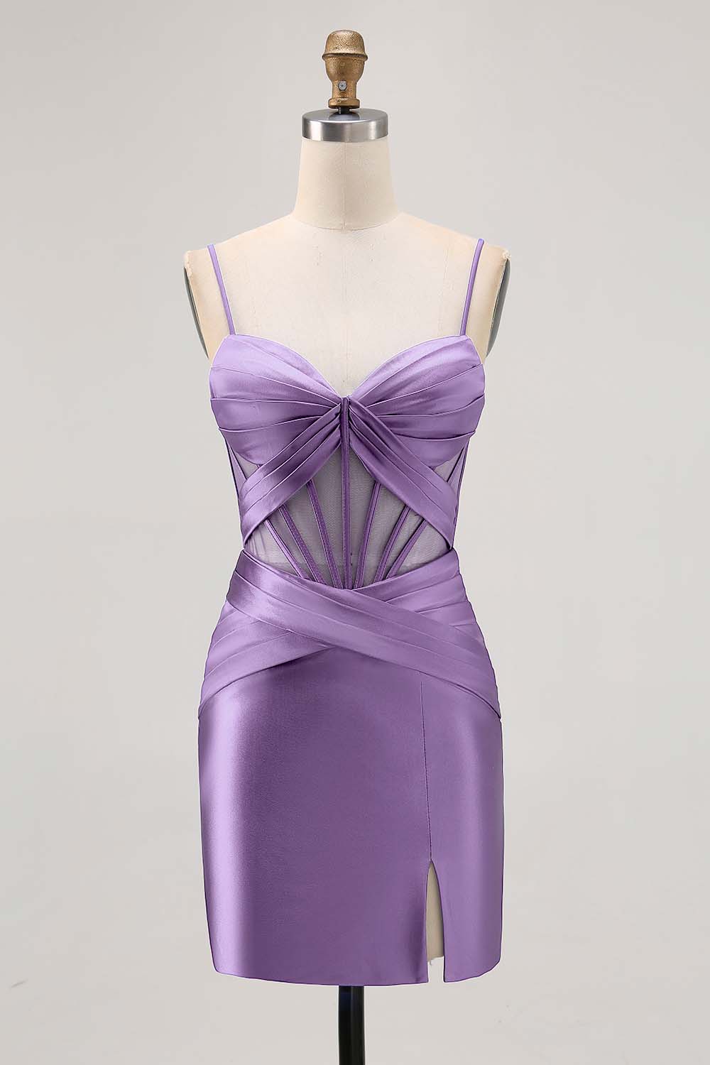 Royal Blue Satin Tight Ruched Short Corset Homecoming Dress with Slit