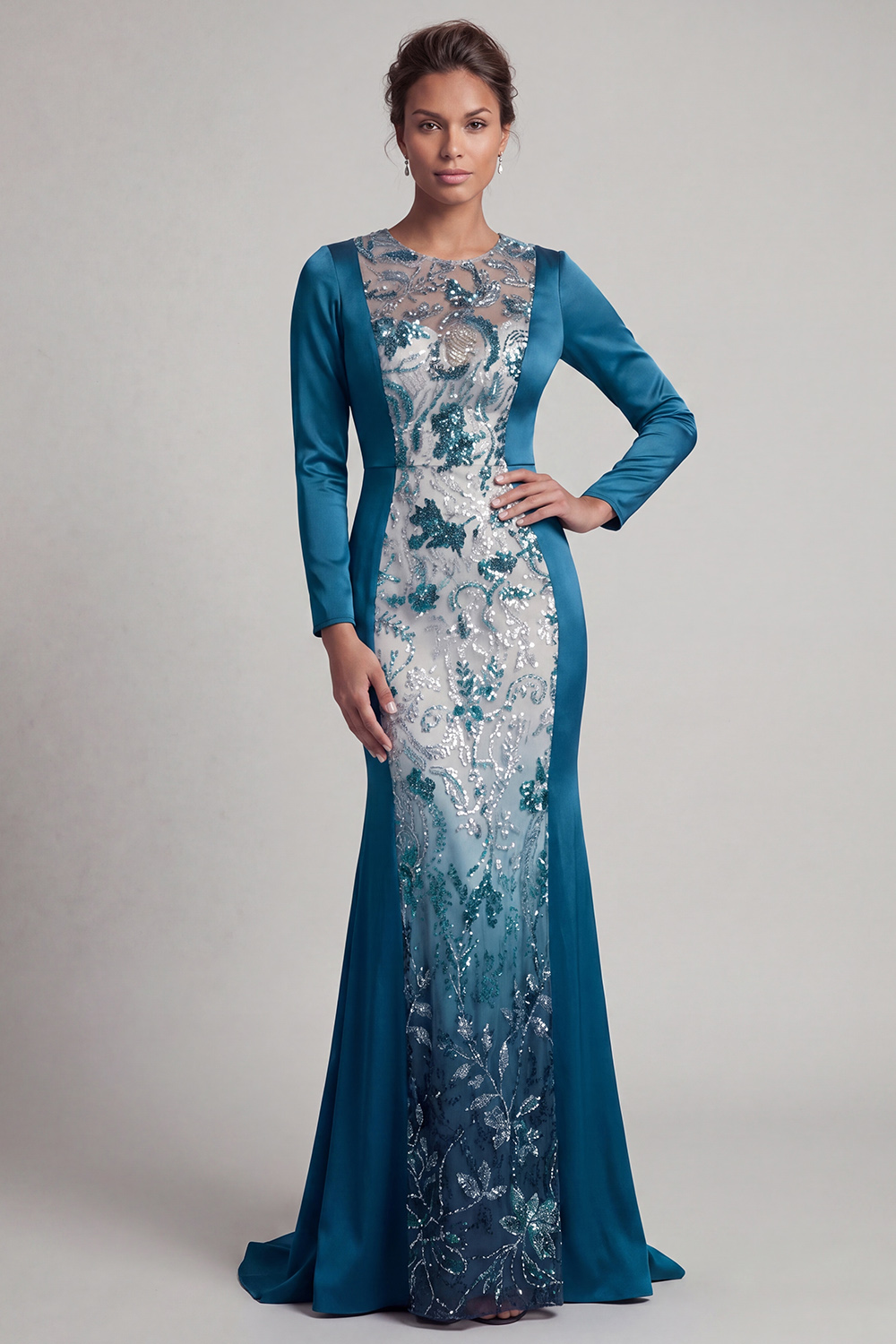 Sparkly Mermaid Navy Round Neck Long Sleeves Evening Dress