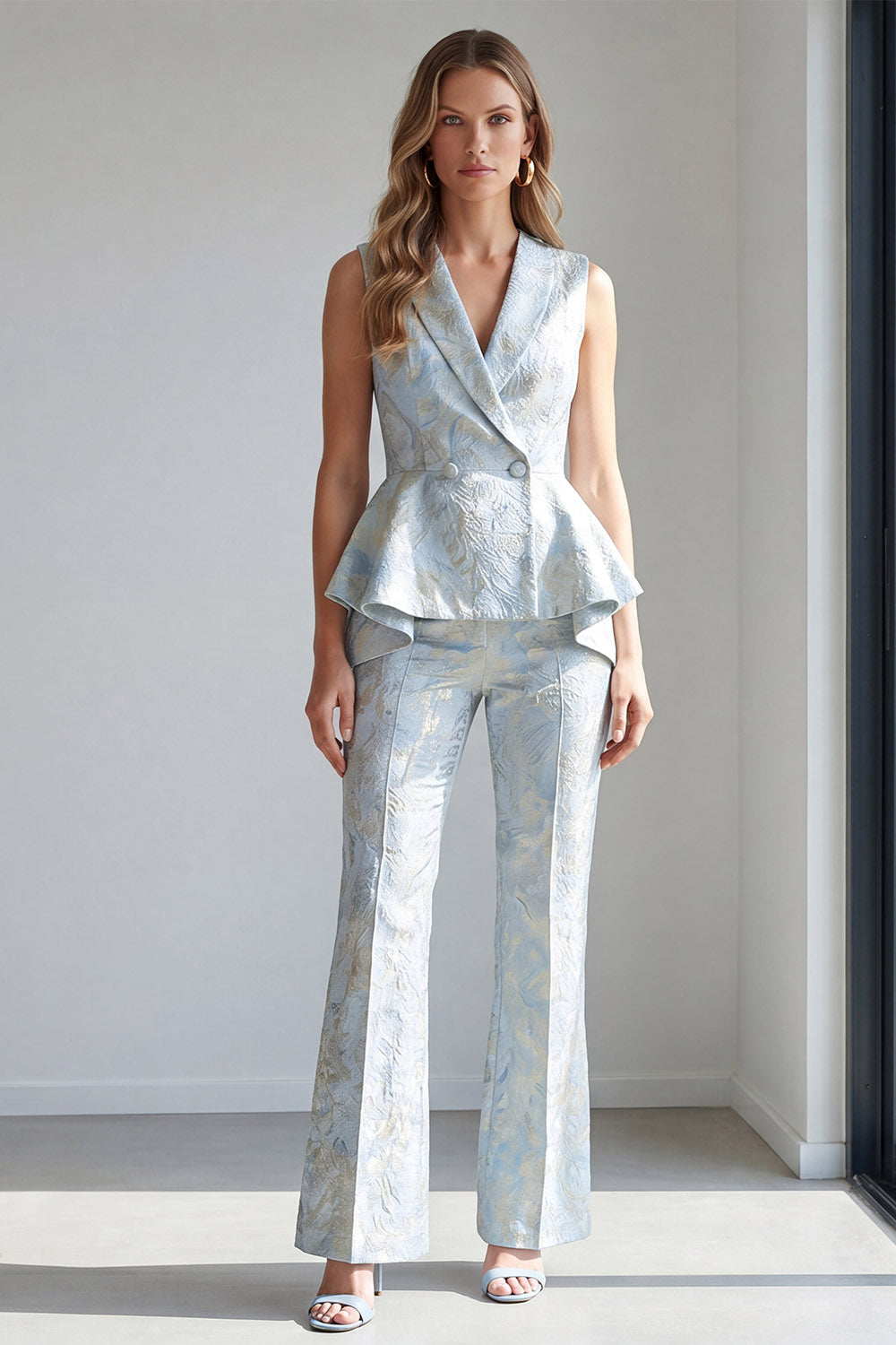 2 Piece Light Blue Jacquard Double Breasted Shawl Lapel Business Suits
