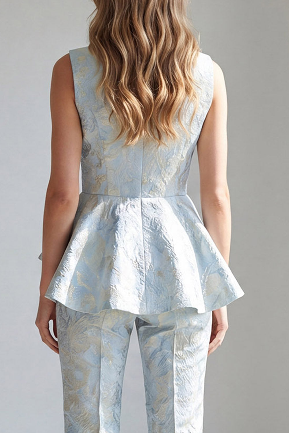 2 Piece Light Blue Jacquard Double Breasted Shawl Lapel Business Suits