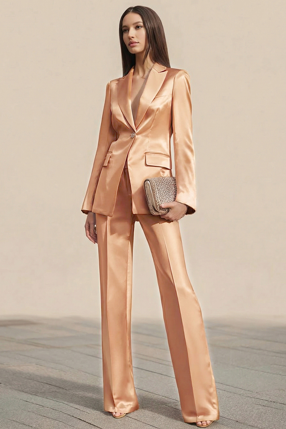 Dusty Rose Satin One Button 2 Piece Slim Fit Business Suits with Sleeves