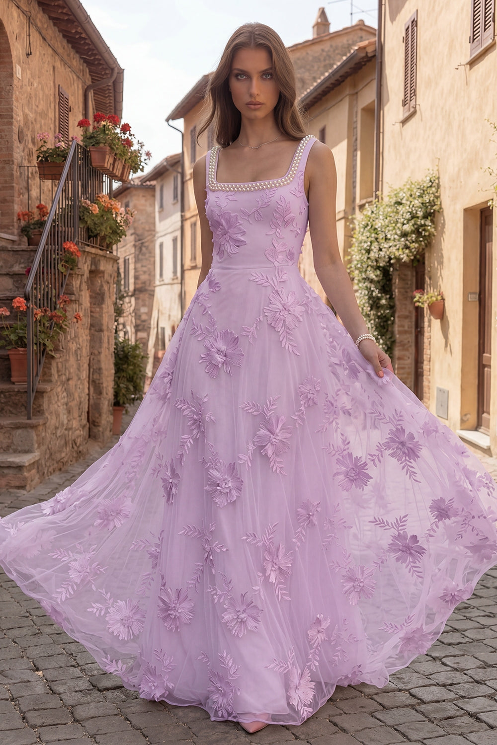 Yellow Floral A Line Square Neck Long Evening Dress with Pearls