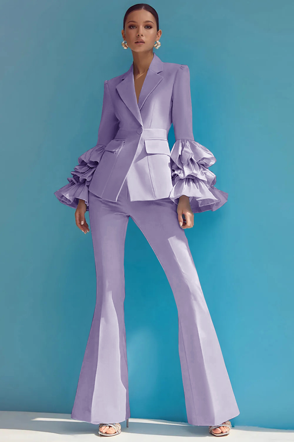 2 Piece Blue Notched Lapel One Button Ruffled Long Sleeves Business Suits