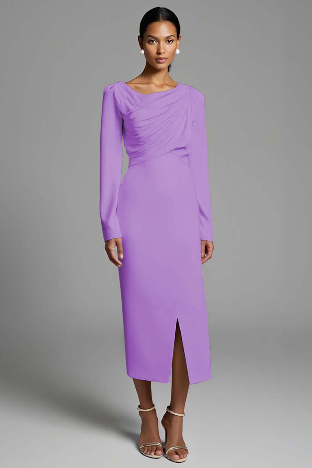 Ivory Ruched Sheath Long Sleeves Work Dress with Slit