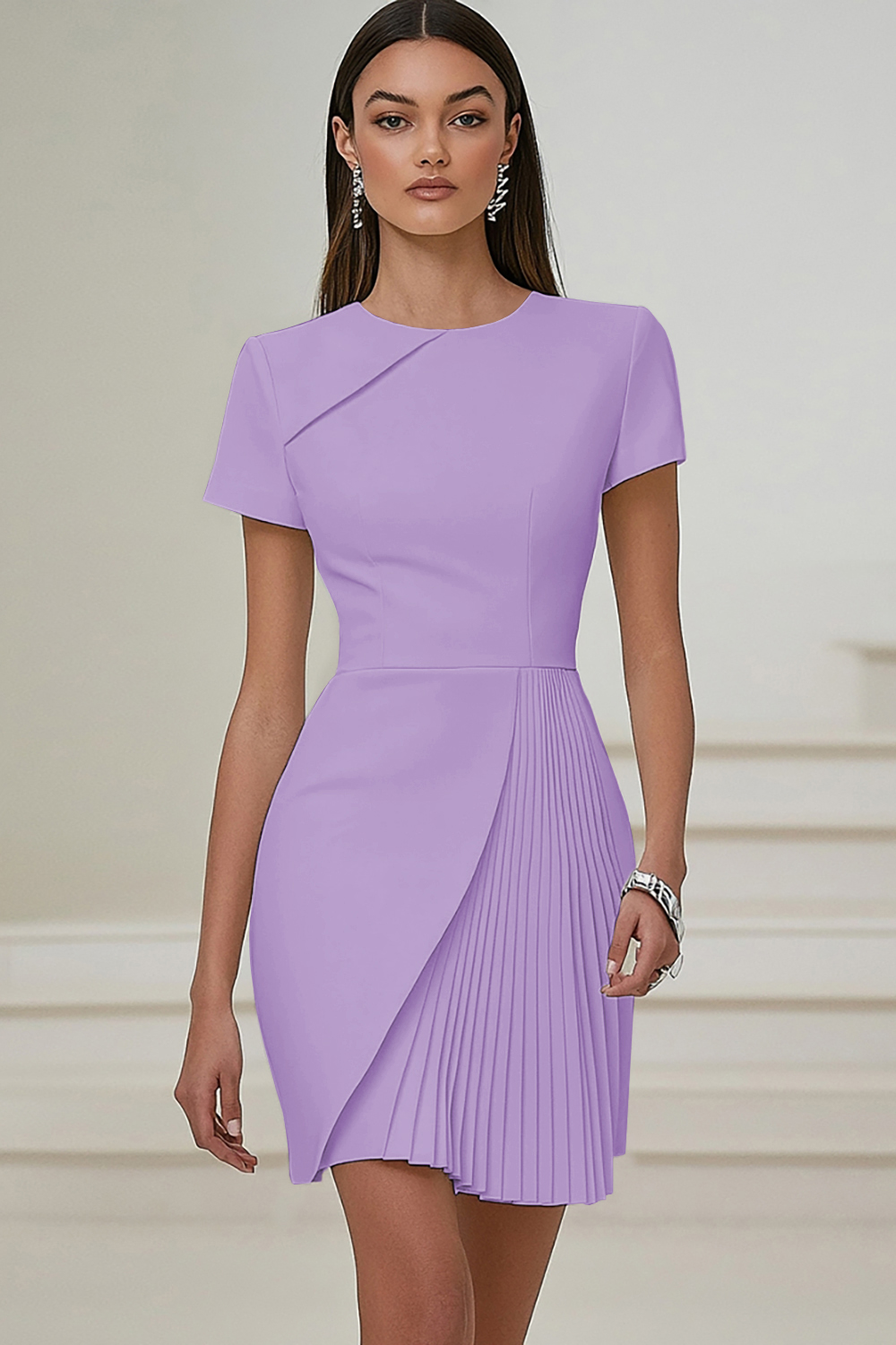 Simple White Satin Bodycon Pleated Short Sleeves Work Dress