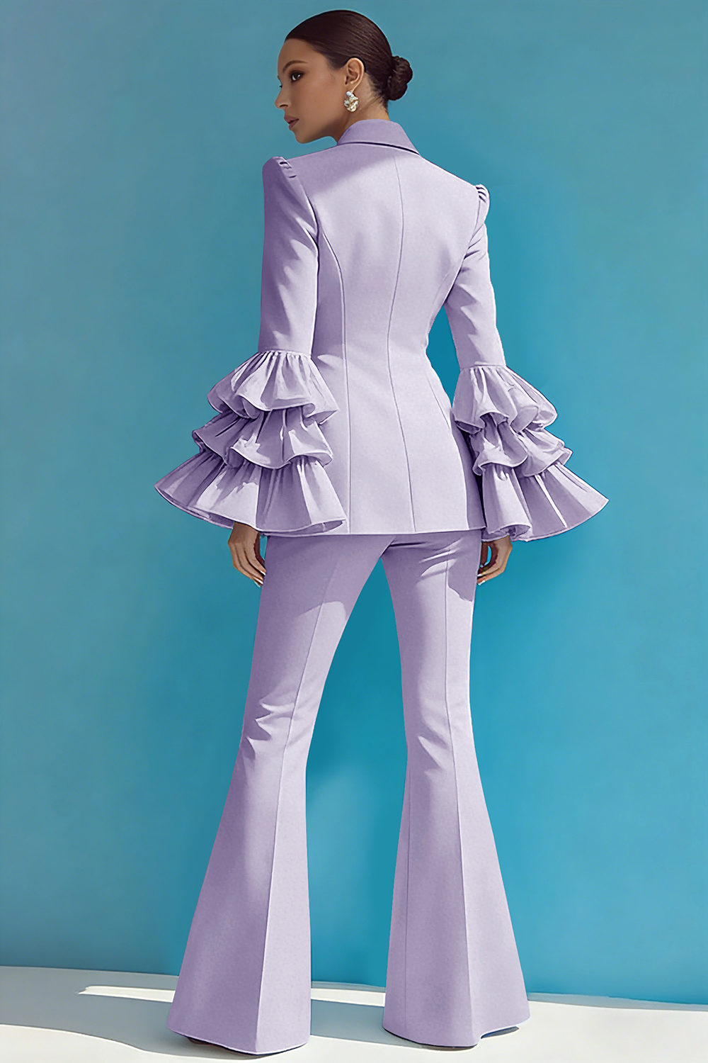 2 Piece Blue Notched Lapel One Button Ruffled Long Sleeves Business Suits