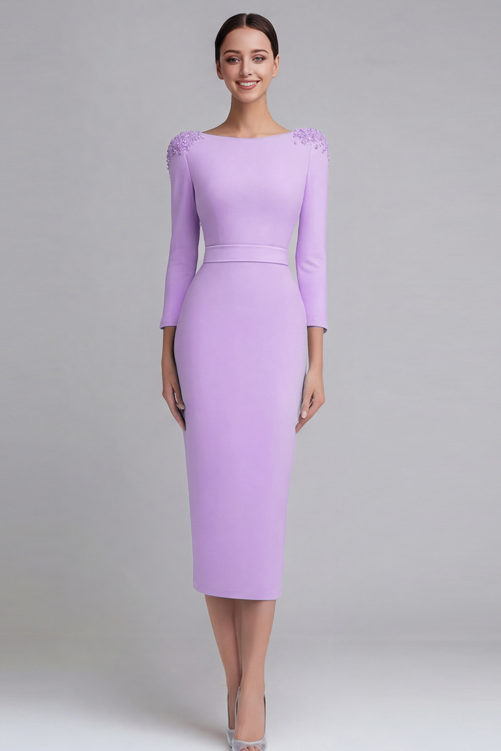 Simple Light Blue Boat Neck Pencil Appliqued Midi Work Dress with Sleeves