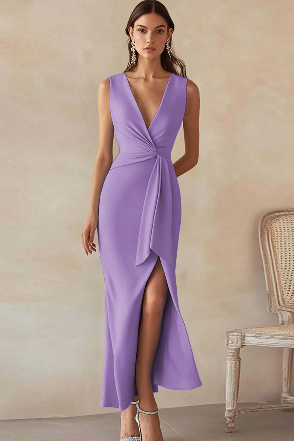 Sky Blue Satin Sheath Deep V-Neck Long Work Dress with Ruffles