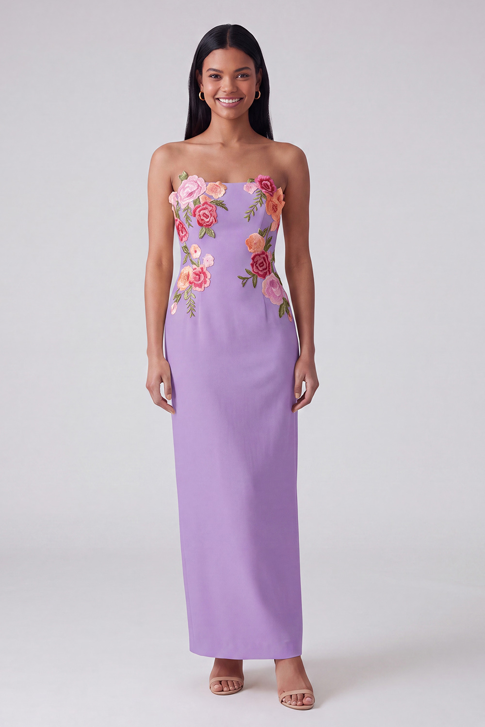 Black Strapless Floral Sheath Maxi Wedding Guest Dress