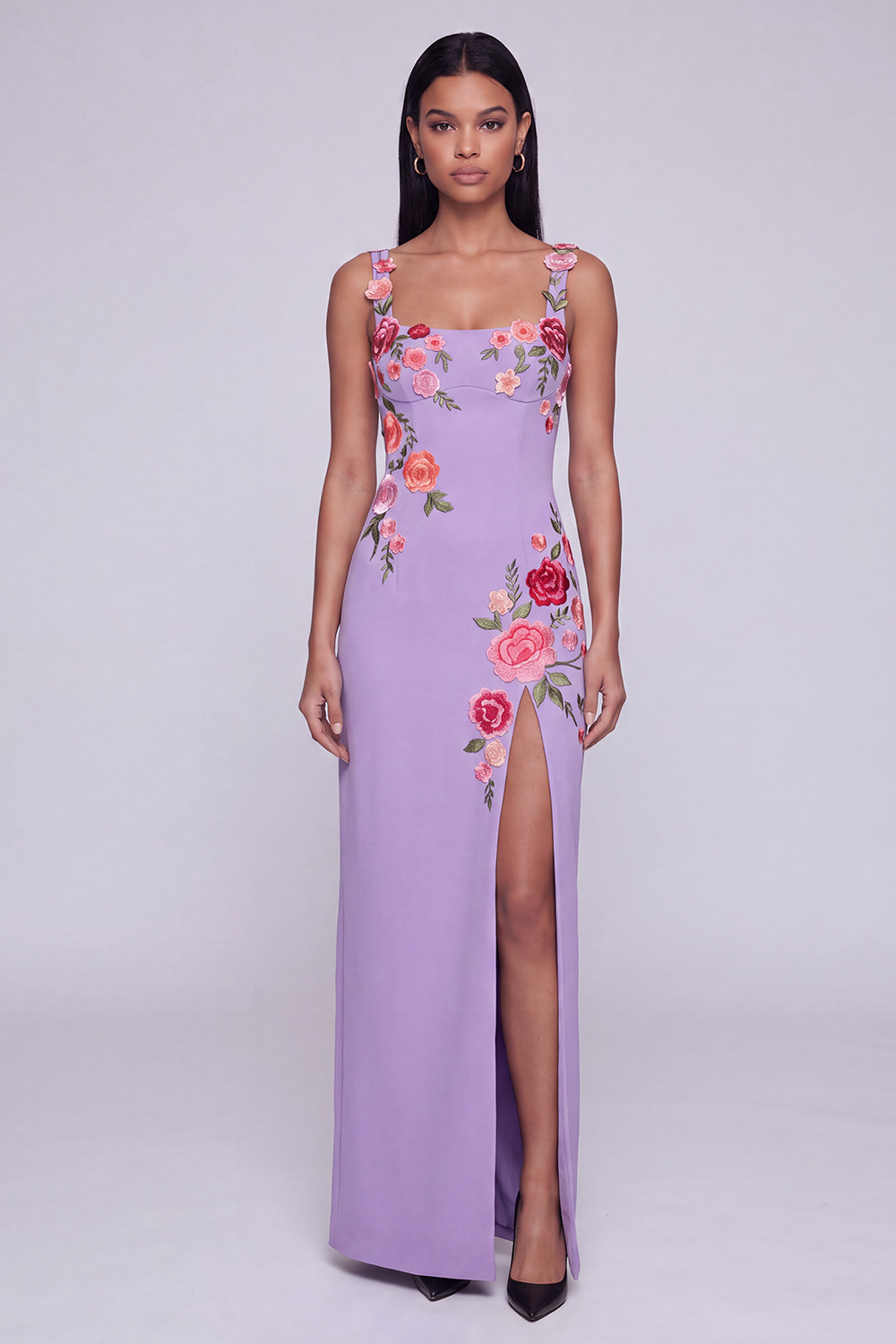 Sheath Black Square Neck Floral Maxi Beach Wedding Guest Dress with Slit