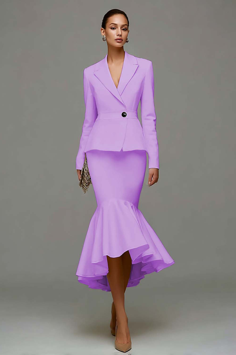 2 Piece Ivory Notched Lapel Satin Midi Business Suits with Ruffles