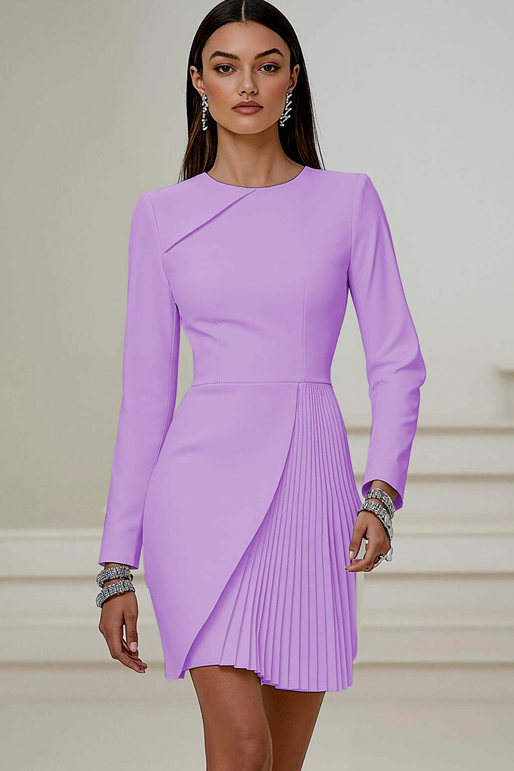 Ivory Pencil Round Neck Pleated Short Work Dress with Sleeves