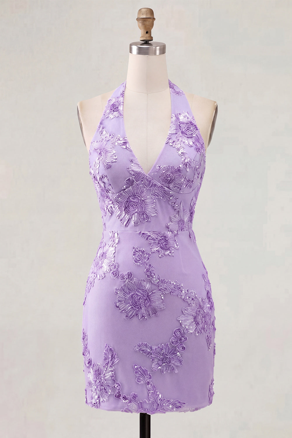 Sage Green Floral Halter Short Backless Tight Homecoming Dress