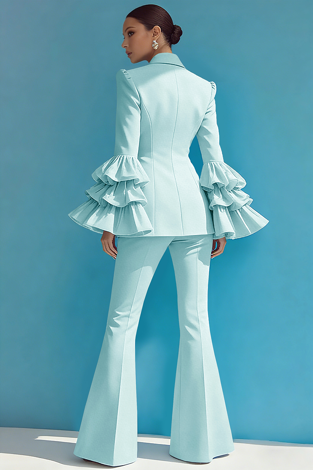 2 Piece Blue Notched Lapel One Button Ruffled Long Sleeves Business Suits