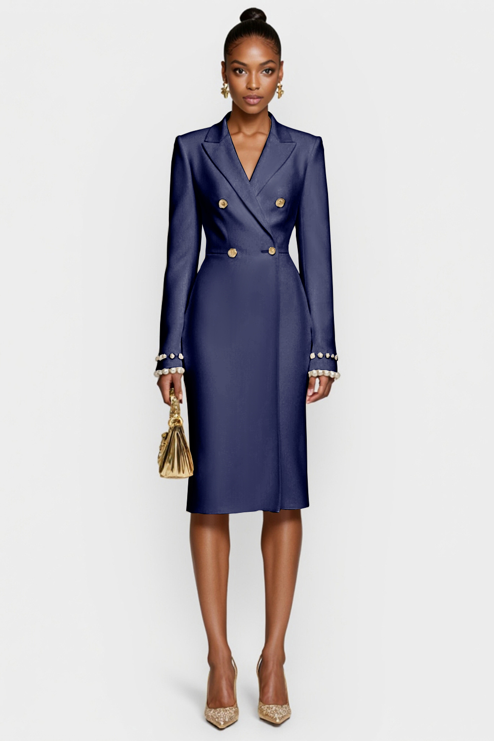 White Satin Peak Lapel Bodycon Midi Work Blazer Dress with Long Sleeves