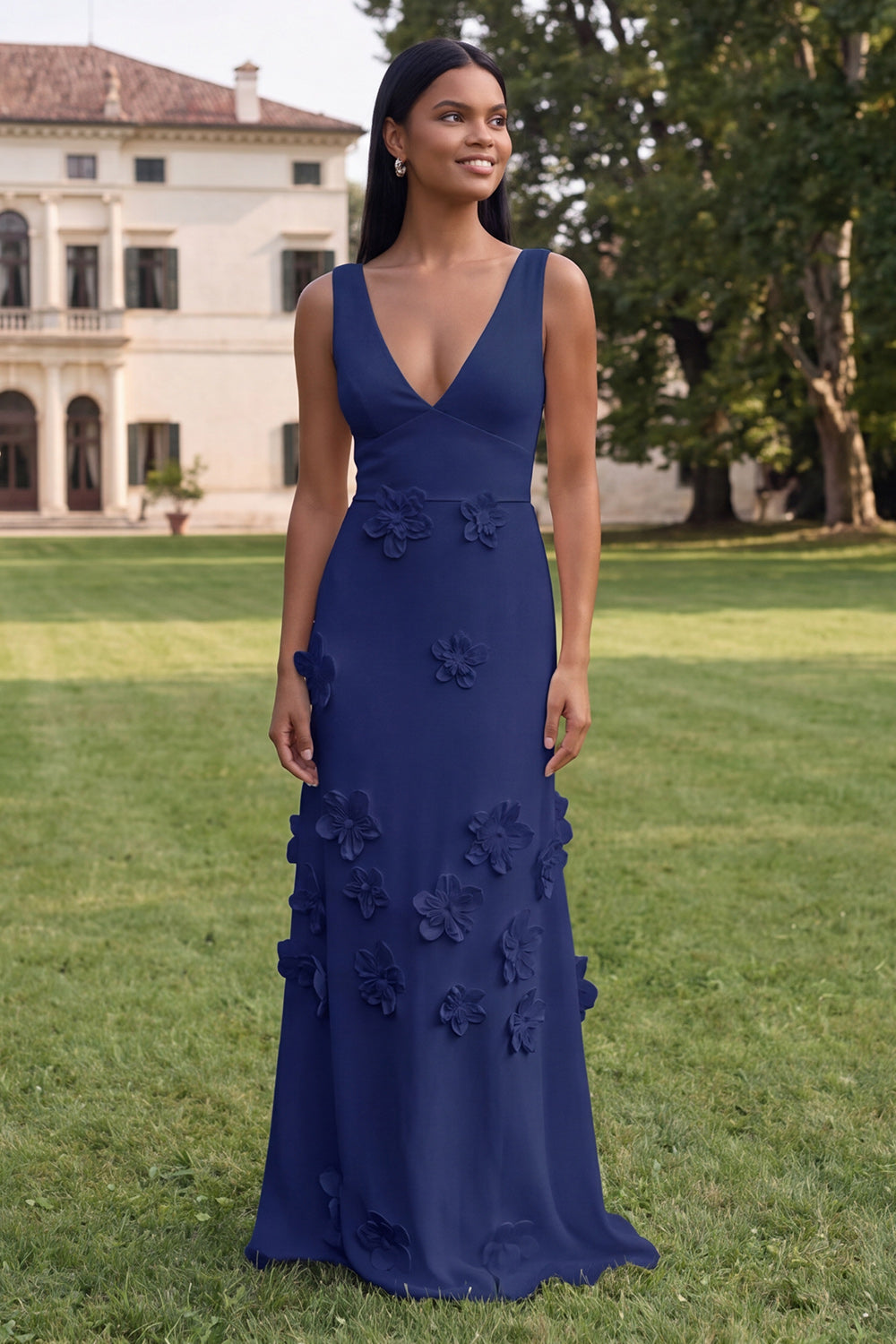 Burgundy Floral Sheath V-Neck Long Wedding Guest Dress