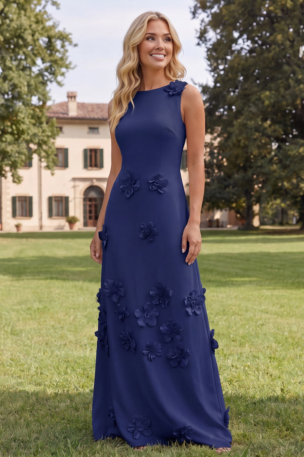 Navy Boat Neck A Line Maxi Wedding Guest Dress with 3D Flowers