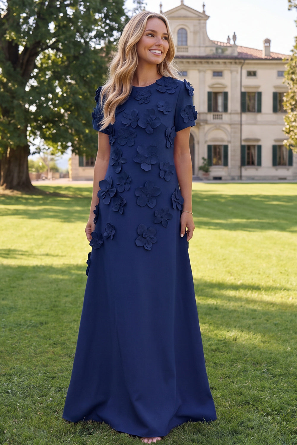 Hot Pink Round Neck Floral A Line Long Wedding Guest Dress with Sleeves