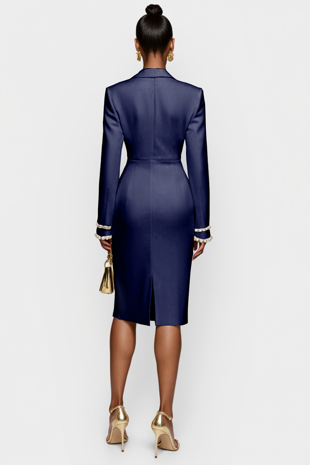 White Satin Peak Lapel Bodycon Midi Work Blazer Dress with Long Sleeves
