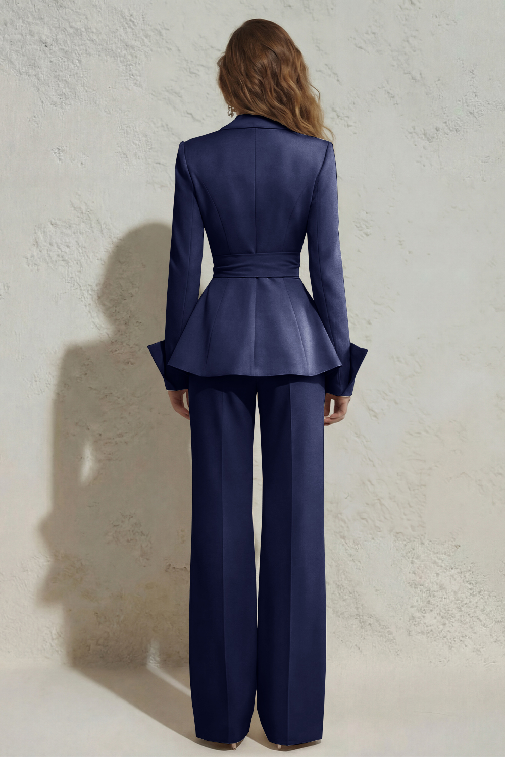 Ivory 2 Piece Wide Leg Peak Lapel Long Business Suits with Sash