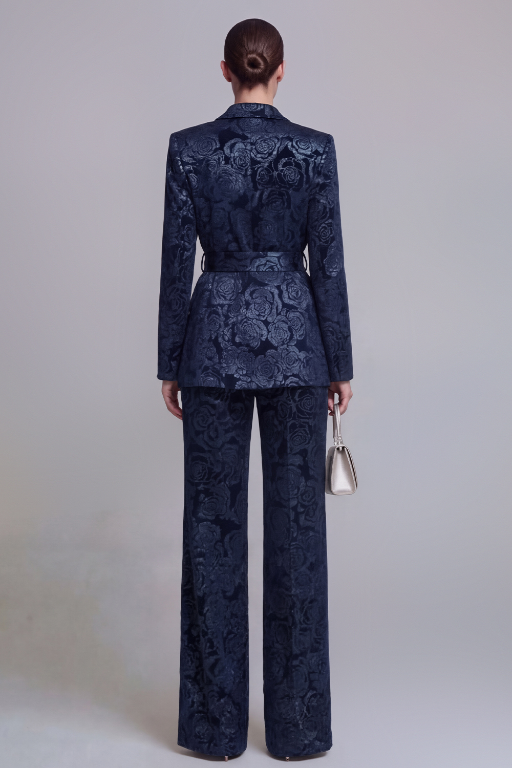 Dark Green 2 Piece Floral Notched Lapel Wide Leg Party Suits with Sash
