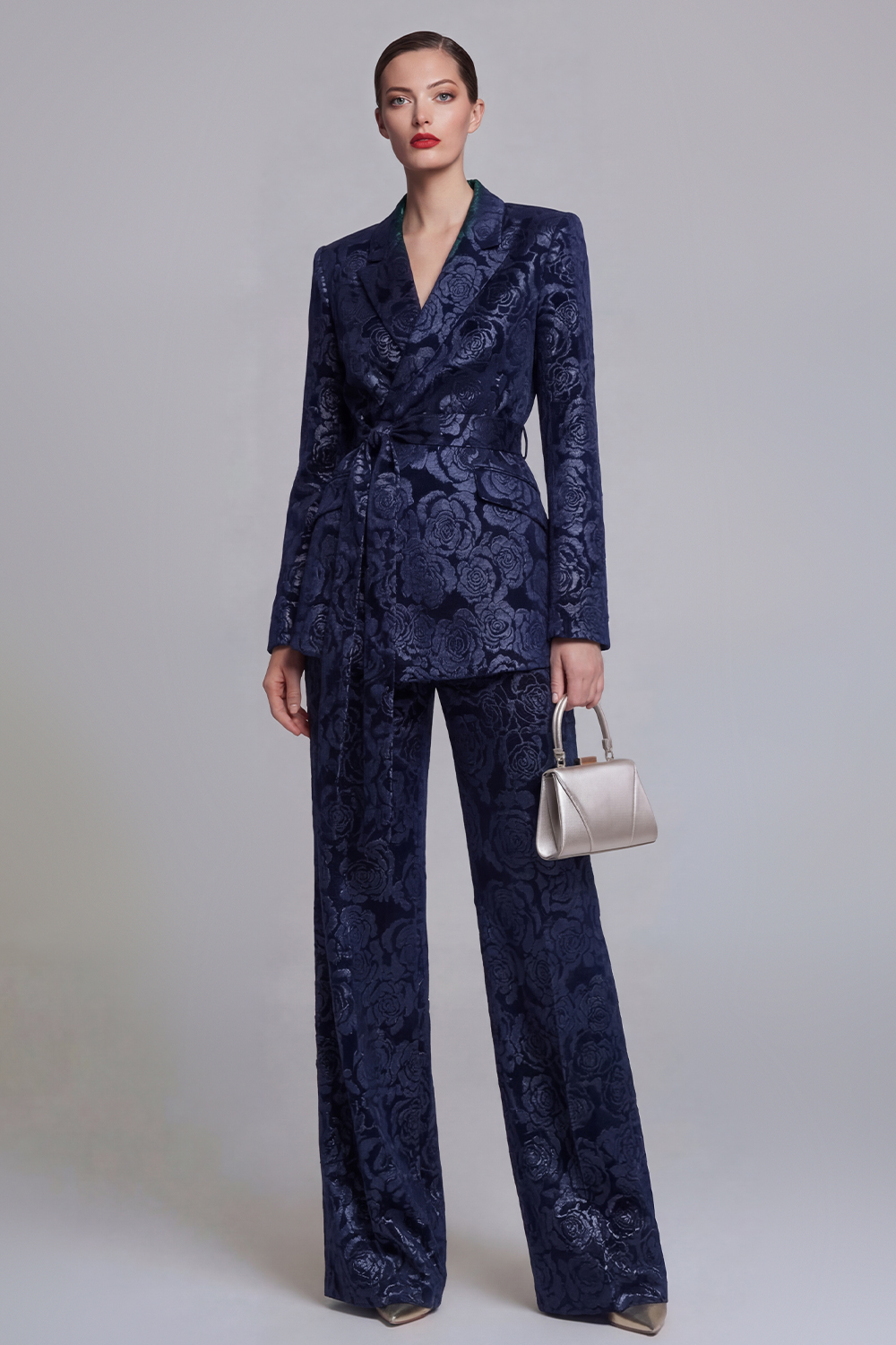 Dark Green 2 Piece Floral Notched Lapel Wide Leg Party Suits with Sash