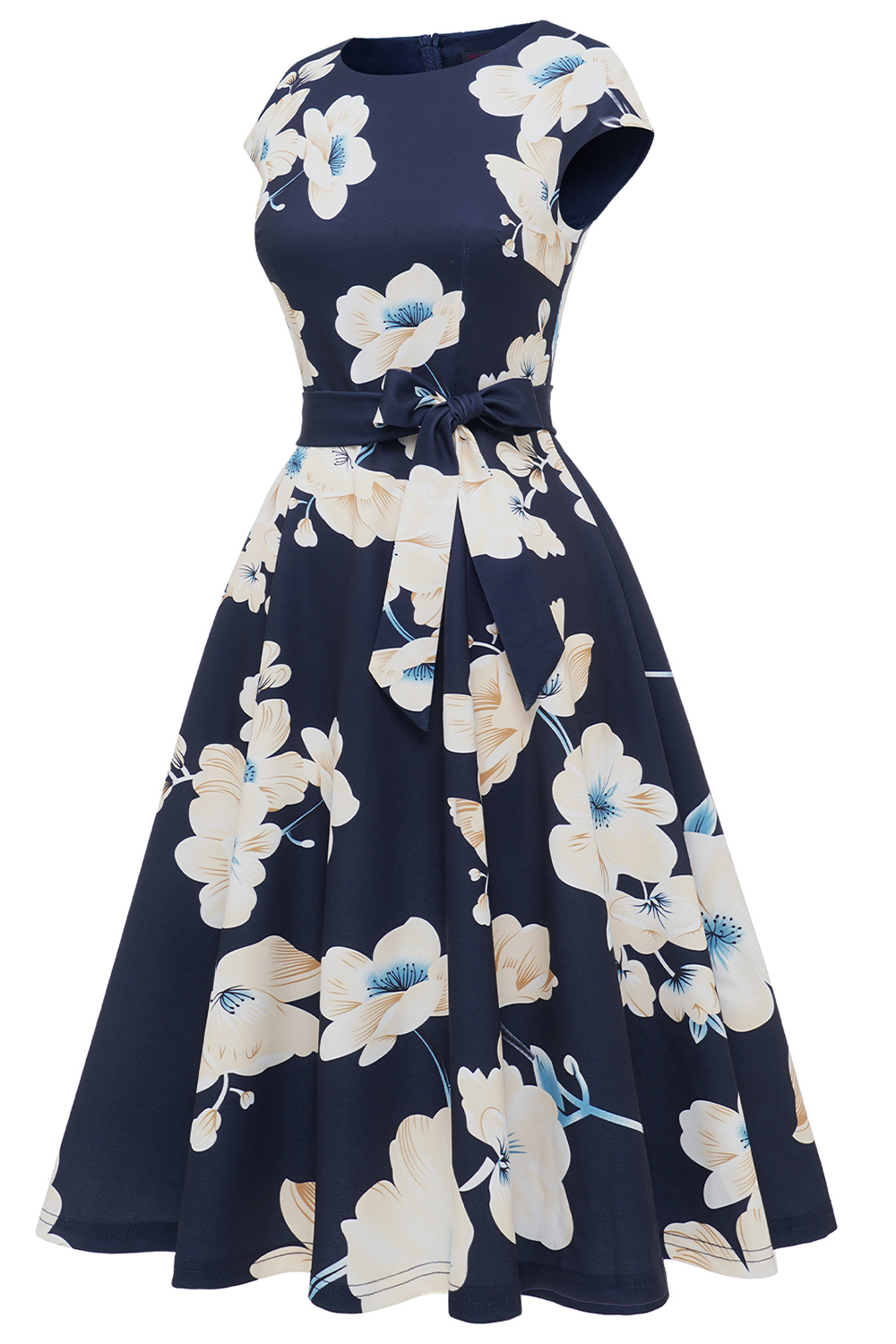 Navy Yellow White Flower 2024 Women's Floral Cocktail, Tea Length Wedding Guest Dresses - Vintage, Graduation, Prom & Bridesmaid with Cap Sleeves