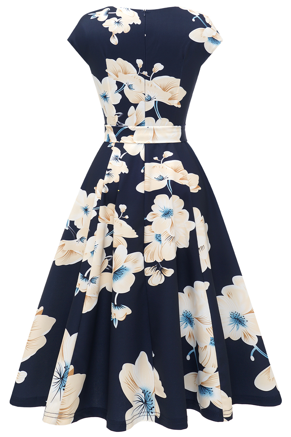 Navy Yellow White Flower 2024 Women's Floral Cocktail, Tea Length Wedding Guest Dresses - Vintage, Graduation, Prom & Bridesmaid with Cap Sleeves