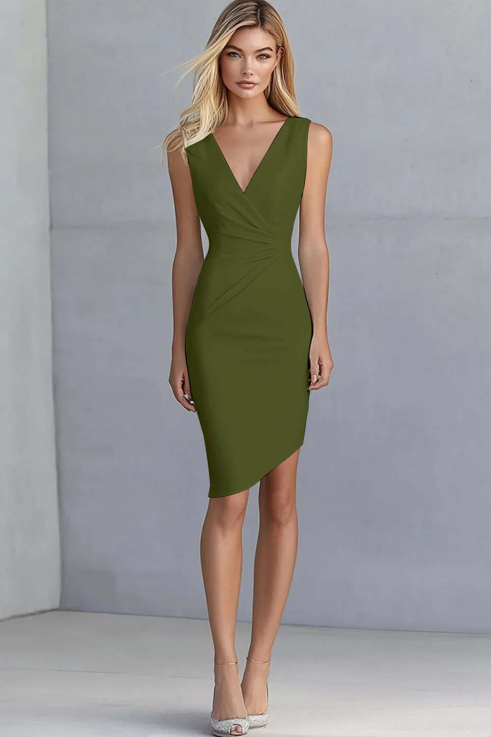 Ivory Satin V-Neck Ruched Short Work Dress